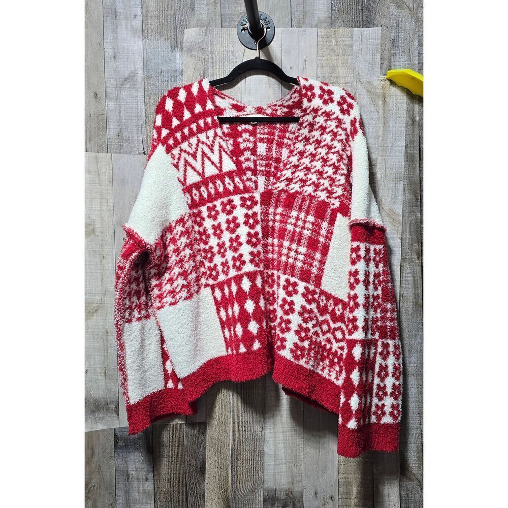 POL Chenille Red White Oversized Patchwork Sweater